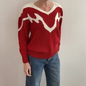 Vintage 80s Mohair Beaded Sweater – Red & White Knit, Shoulder Pads, Size M